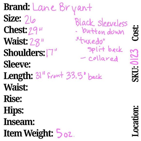 LANE BRYANT SLEEVELESS TUNIC TOP SZ 26 Black W/ Hidden Buttons Collar Split Back - Picture 11 of 11